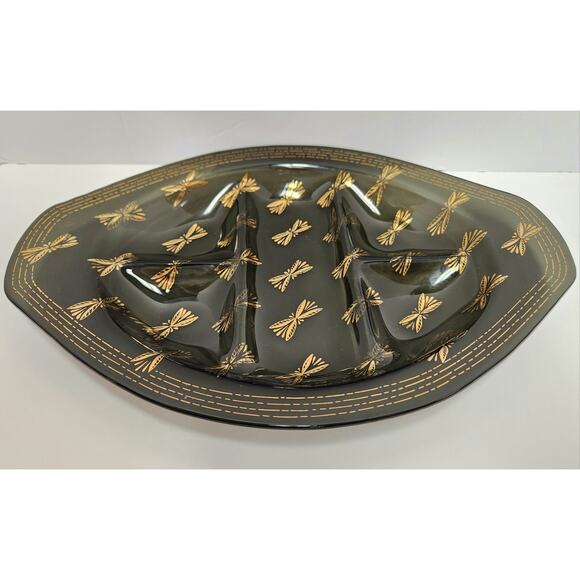 Vintage Black Divided Glass Tray with Gold Dragonfly Design – Mid Century Modern - Picture 4 of 5